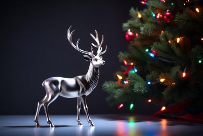 Silver deer beside colorful christmas tree
