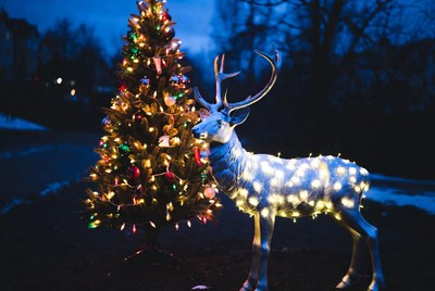 Glowing decorations near christmas tree