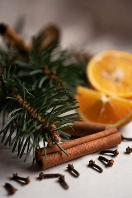 Cinnamon, orange, and pine arrangement