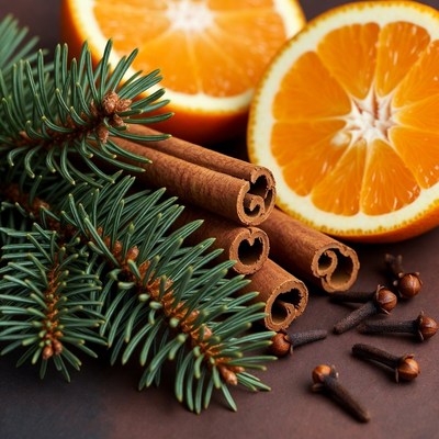 Cinnamon, orange, and fir branches close-up
