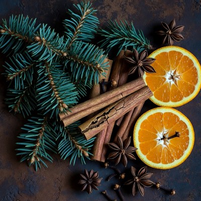 Spices and citrus arrangement on table