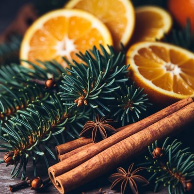 Cinnamon, orange, and pine arrangement