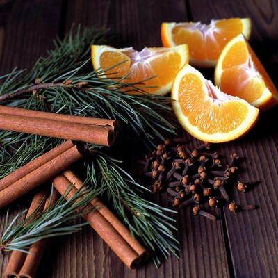 Cinnamon, orange, and pine arrangement
