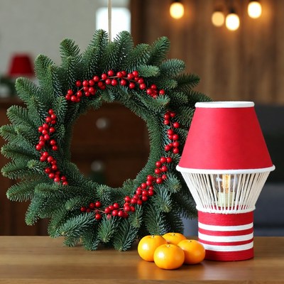 Festive wreath and lamp display
