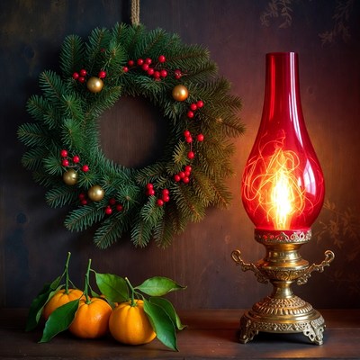 Festive wreath and vintage lamp scene
