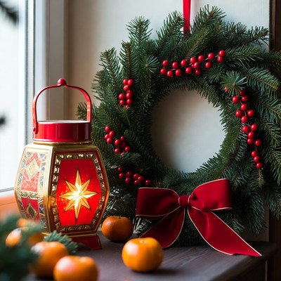 Festive winter decor by the window