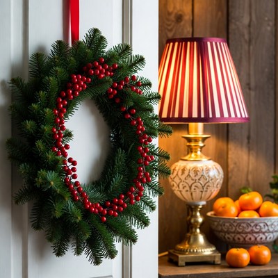 Festive wreath and cozy lamp display