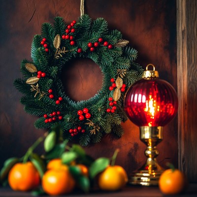 Festive wreath with oranges and lamp