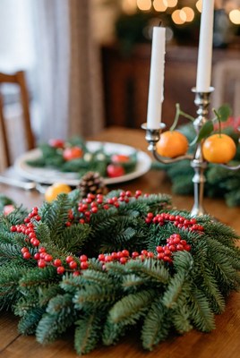Holiday wreath on dining table