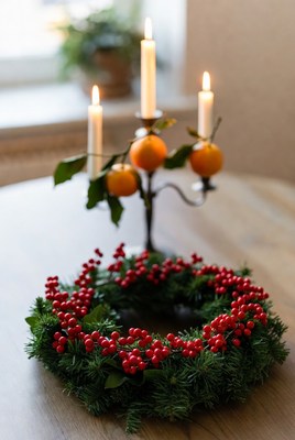 Holiday wreath and candle display