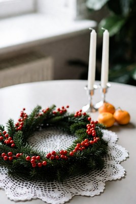 Festive wreath with candles on table