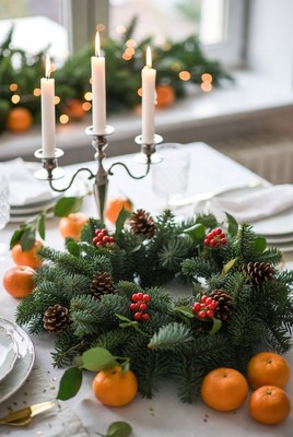 Holiday wreath with candles and fruit