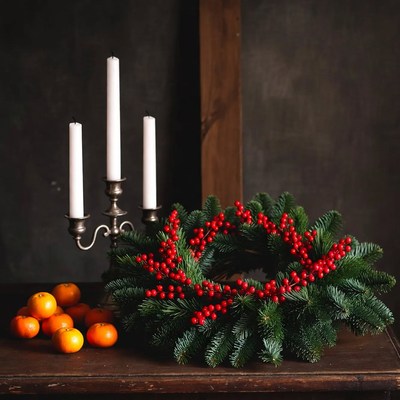 Festive wreath with candles and oranges