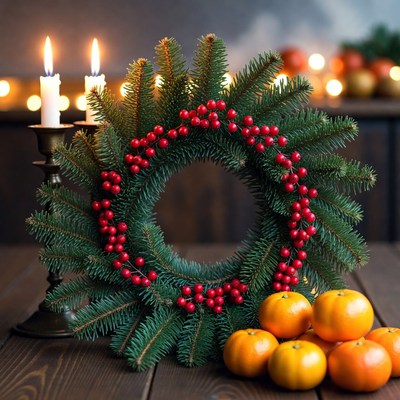 Festive wreath and holiday fruits
