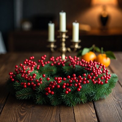 Festive holiday wreath on a table