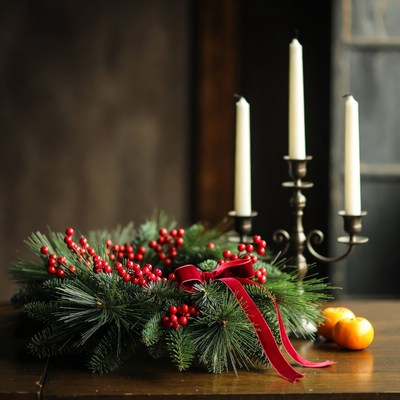 Festive wreath with candles and fruit