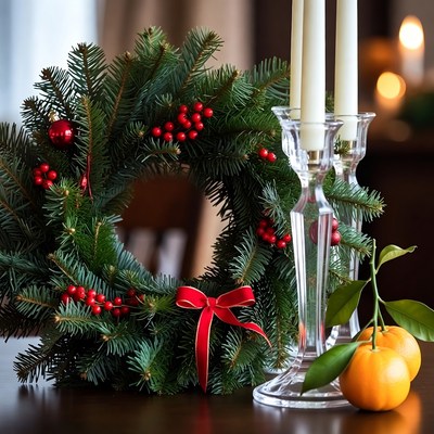 Holiday wreath with candles and oranges