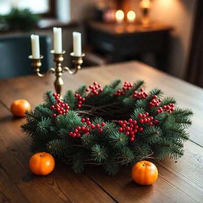 Festive wreath with oranges and candles