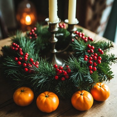 Holiday wreath with decorations and fruit