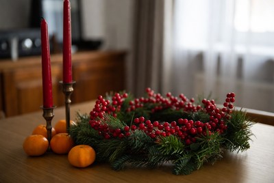 Holiday wreath with candles and fruit