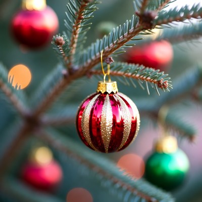 Colorful ornaments on christmas tree branches