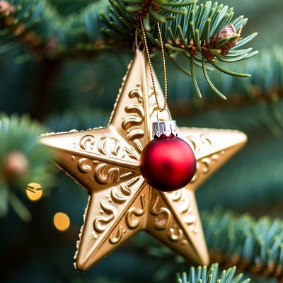 Festive ornaments on green tree