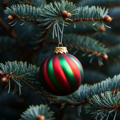 Colorful ornament on pine tree