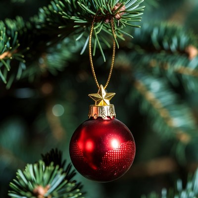 Red christmas ornament on tree