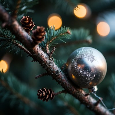 Silver ornament on pine branch
