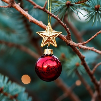 Elegant red ornament on pine tree