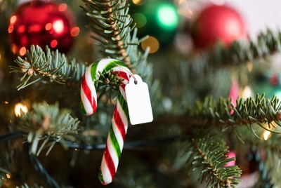 Colorful candy cane on christmas tree