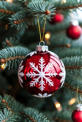 Red snowflake ornament on tree