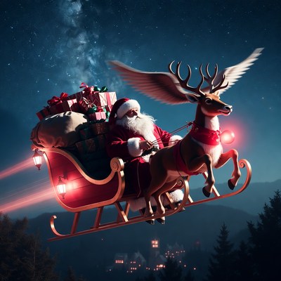 Santa flying over a snowy village