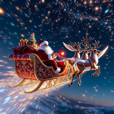 Santa in sleigh flying through cosmic sky
