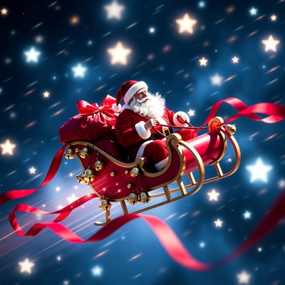 Santa flying in a sleigh at night
