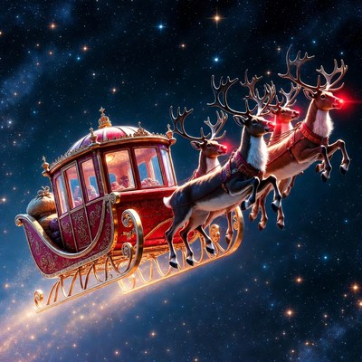 Sleigh flying through the night sky
