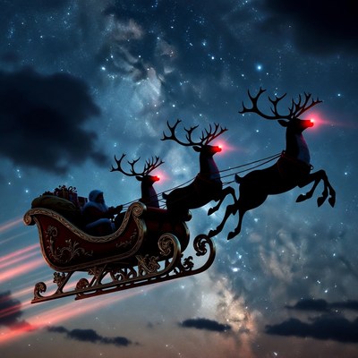 Flying reindeer in night sky