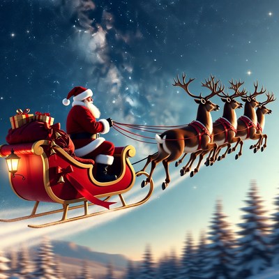 Santa flying over snowy forest