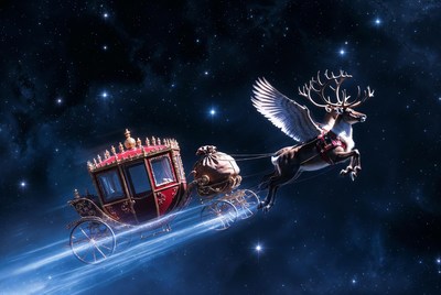 Flying reindeer with sleigh in space