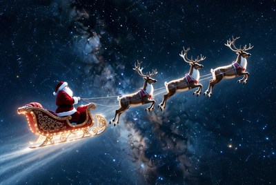 Santa flying through the stars