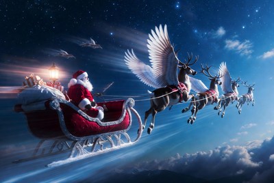 Santa claus flying above the clouds