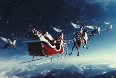 Santa flying through the night sky
