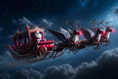 Santa flying above the clouds