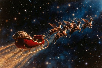 Sleigh flying through starry night