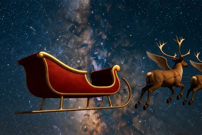Sleigh flying through starry night