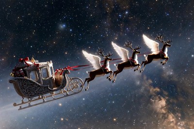 Flying sleigh through starry night