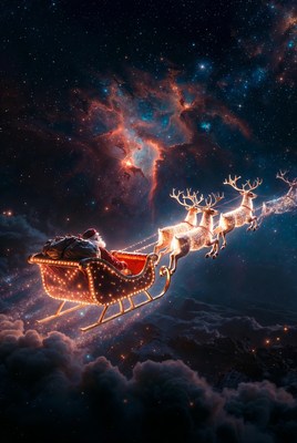 Santa flying through starry night