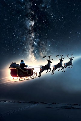 Santa flying through the starry sky