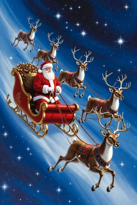 Santa flying with reindeer in space