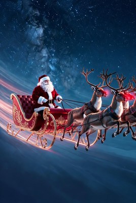 Santa claus rides sled with reindeer